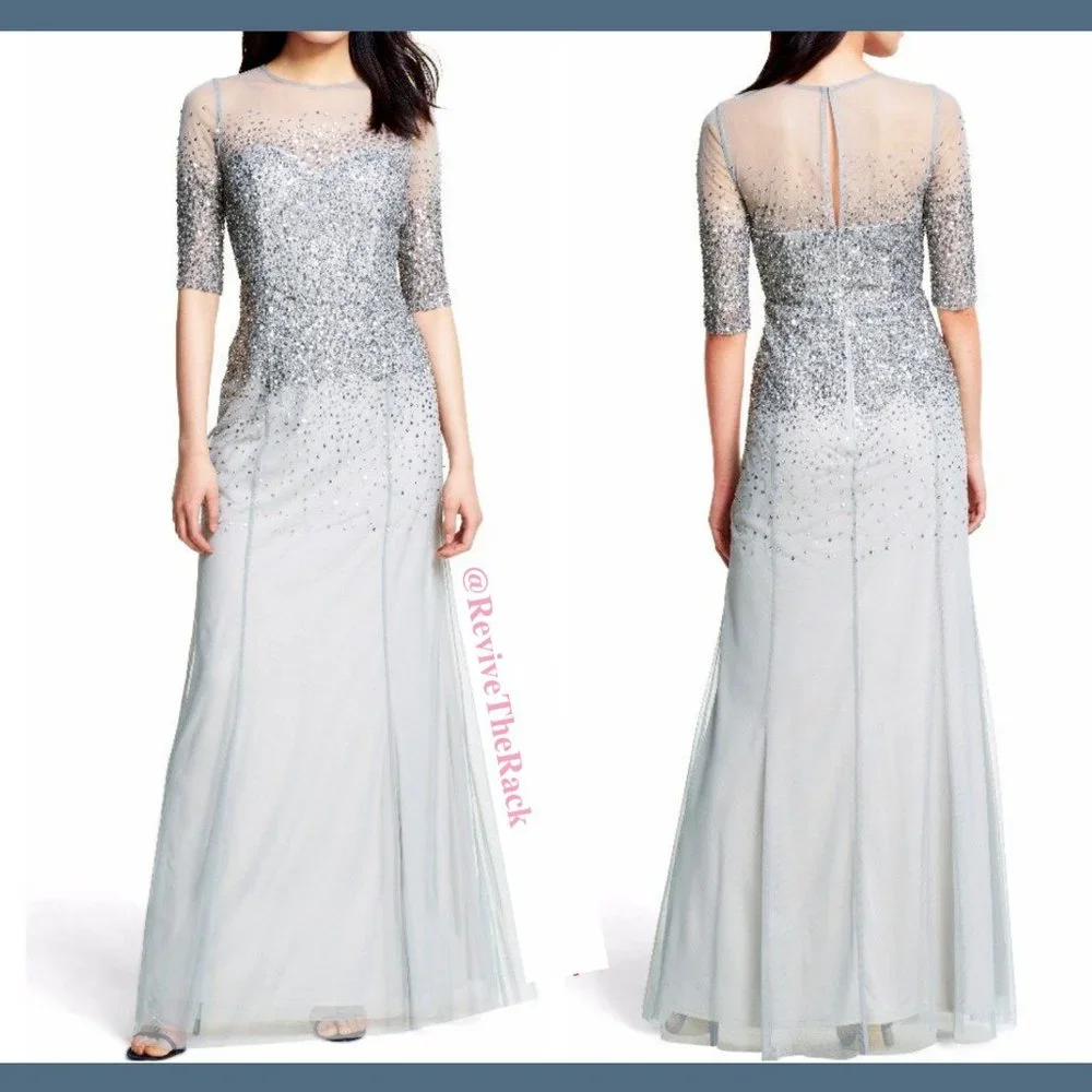 NEW Adrianna Papell Beaded Illusion Bodice Mesh Gown in Grey [Petite SZ 4P‎ ]